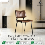 Cafe chair with solid iron structure, foam filled seat and back, covered in leather upholstery.
