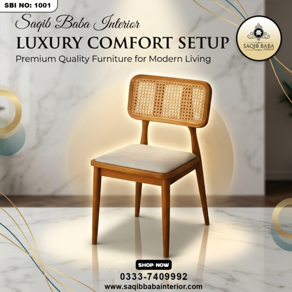 Rattan and wooden dining chairs with cushioned seats in modern interior design setup