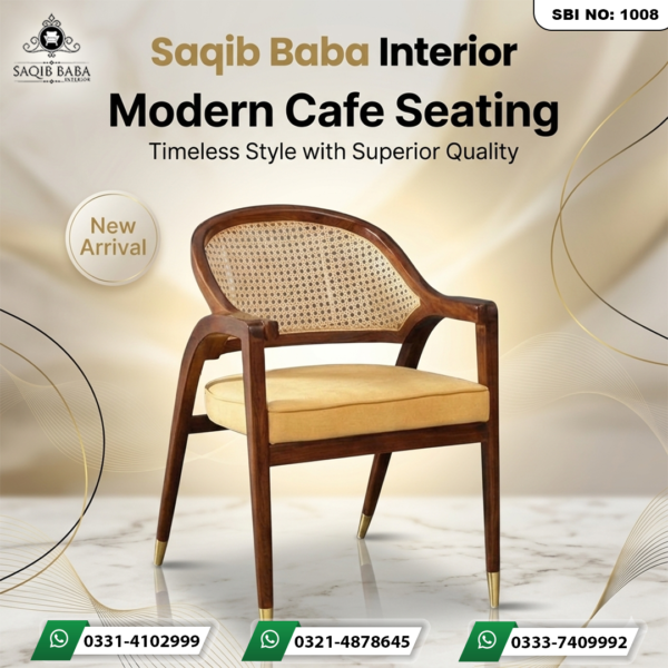 Wooden chair with cushioned seat and rattan woven backrest modern design