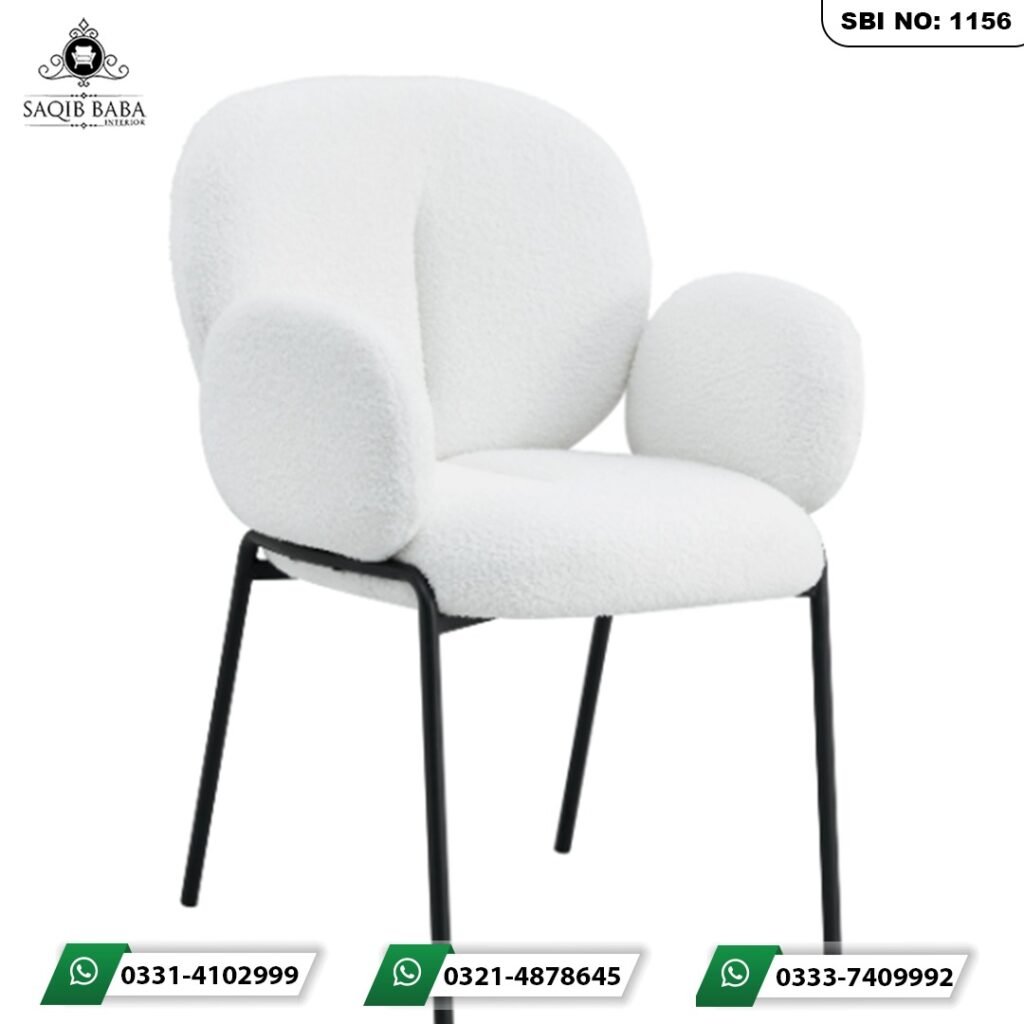 Luxury white boucle boudoir seating chair with plush cloud padded armrests and slim black metal legs by Saqib Baba Interior