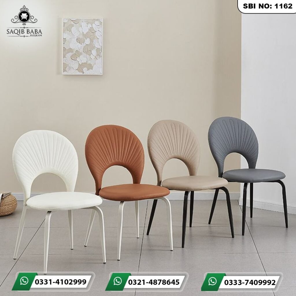 Luxury dining chairs Pakistan with shell-shaped backrests in white, brown, beige, and grey by Saqib Baba Interiors.