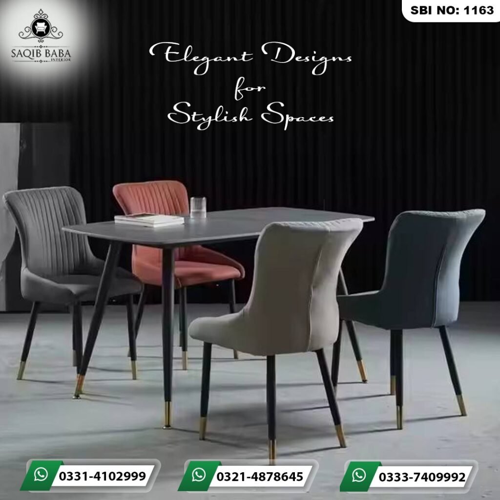 Modern multi color dining cafe seating set with a sleek grey rectangular table and four upholstered velvet chairs by Saqib Baba Interior