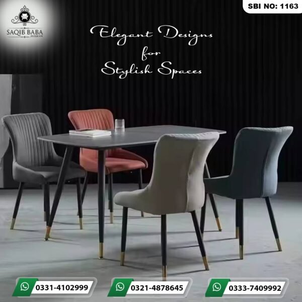 Modern multi color dining cafe seating set with a sleek grey rectangular table and four upholstered velvet chairs by Saqib Baba Interior