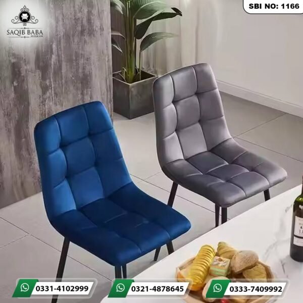 Modern dining chairs price in Pakistan featuring blue velvet and grey leatherette tufted chairs by Saqib Baba Interiors.