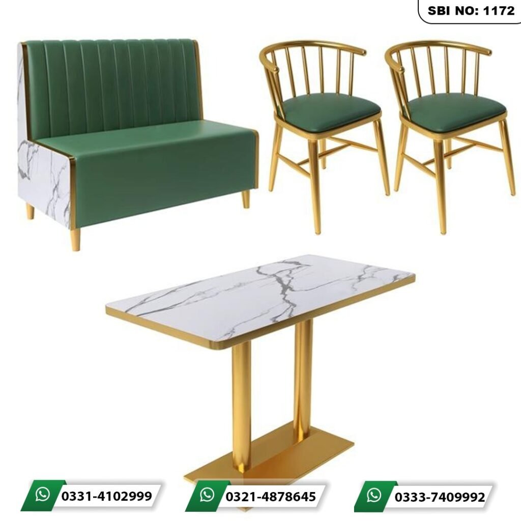Luxury green bistro dining set with a tufted leatherette booth bench two gold chairs and a marble top table by Saqib Baba Interior