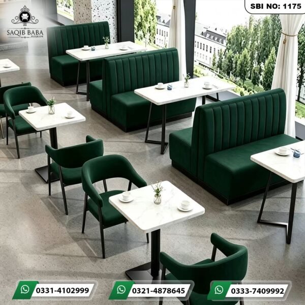 Premium velvet restaurant booth set with deep green tufted benches matching fabric chairs and marble top tables by Saqib Baba Interior