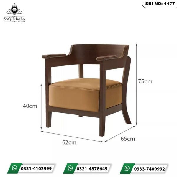 Luxury wooden cafe chair with mustard leather cushion and dimensions by Saqib Baba Interiors.