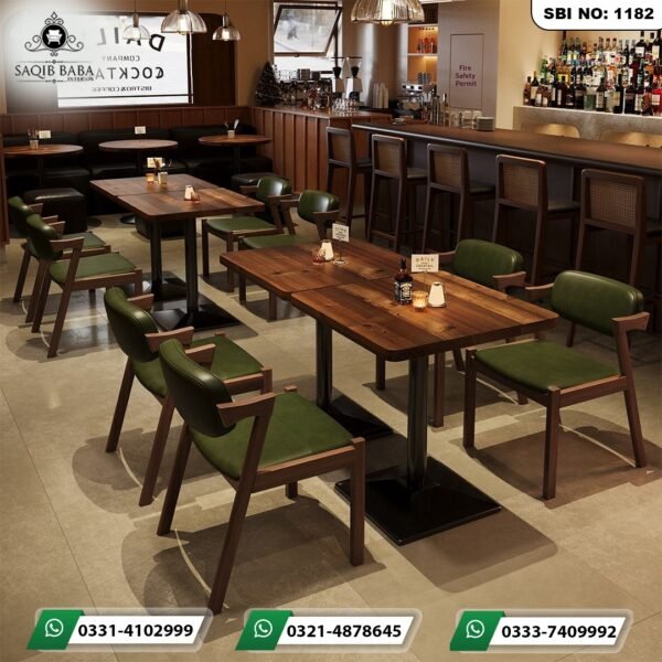 Restaurant furniture Pakistan wooden tables and green leather chairs by Saqib Baba Interiors.