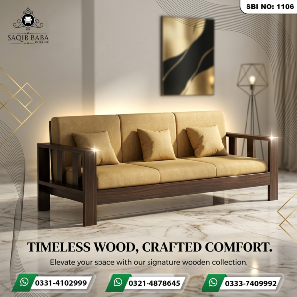 "A luxury 3-seater wooden sofa with mustard-yellow cushions and a dark wood frame from the Saqib Baba Interior collection, shown in a modern interior setting."