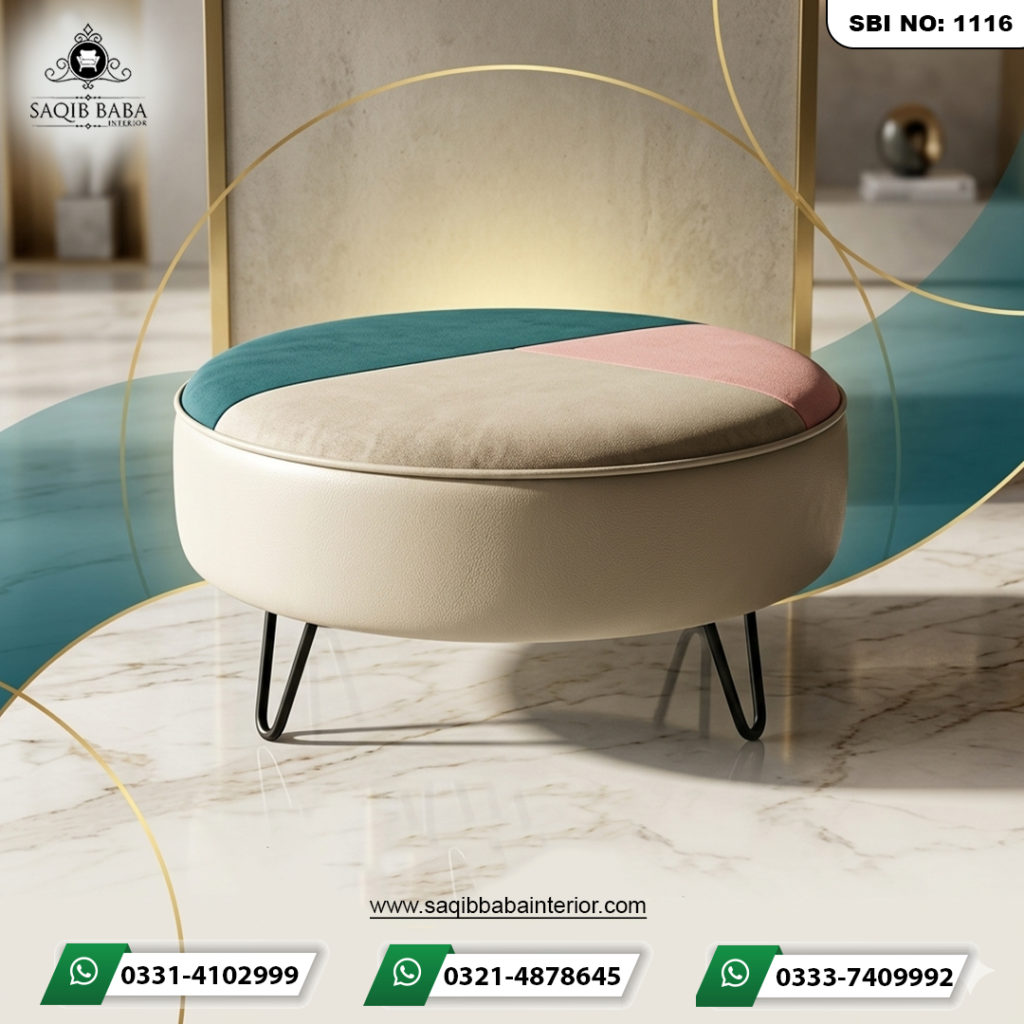 "Modern round ottoman by Saqib Baba Interior featuring a beige leatherette base, a tri-color teal, peach, and beige velvet top, and black metal hairpin legs."
