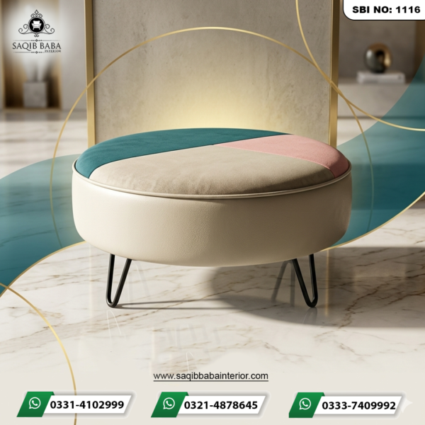 "Modern round ottoman by Saqib Baba Interior featuring a beige leatherette base, a tri-color teal, peach, and beige velvet top, and black metal hairpin legs."