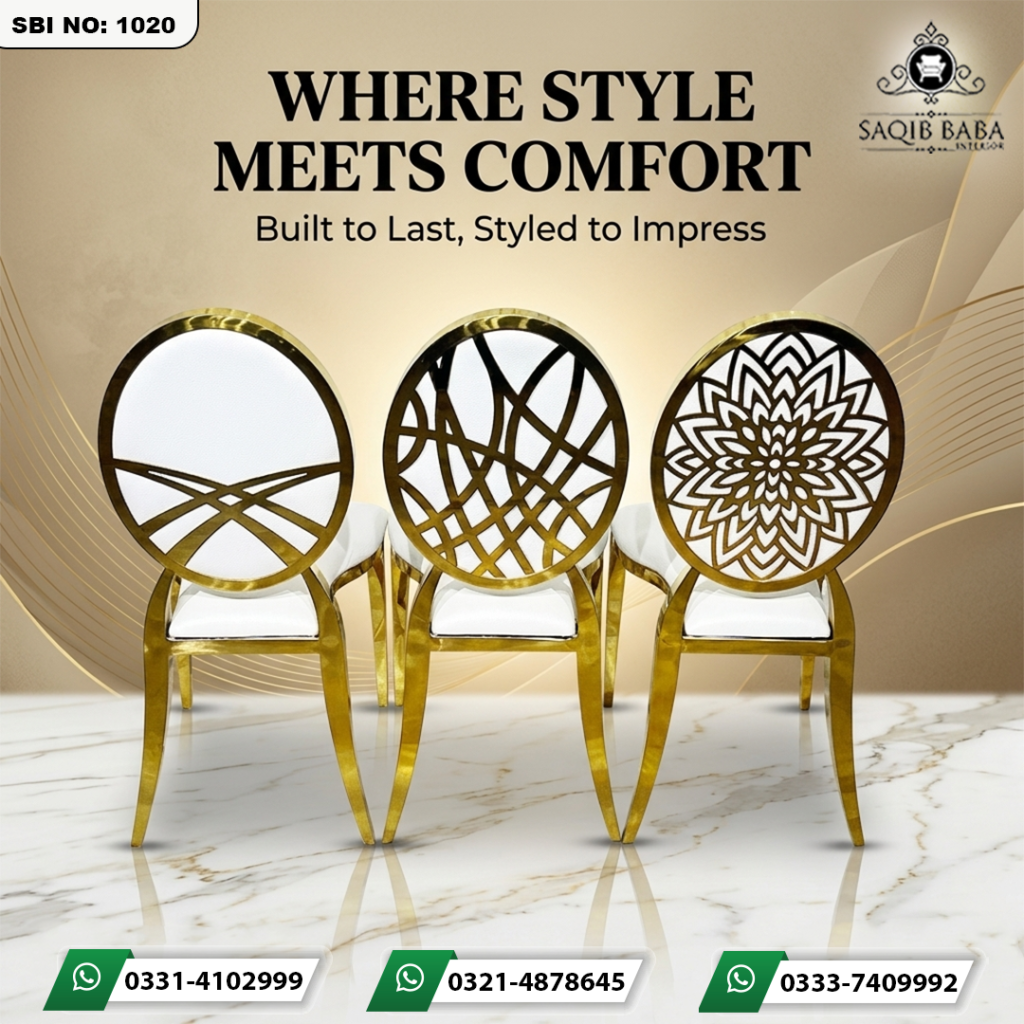 Chair with iron legs, CNC carved back frame, padded seat and back poshish