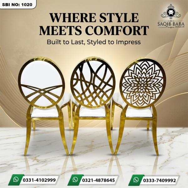 Chair with iron legs, CNC carved back frame, padded seat and back poshish