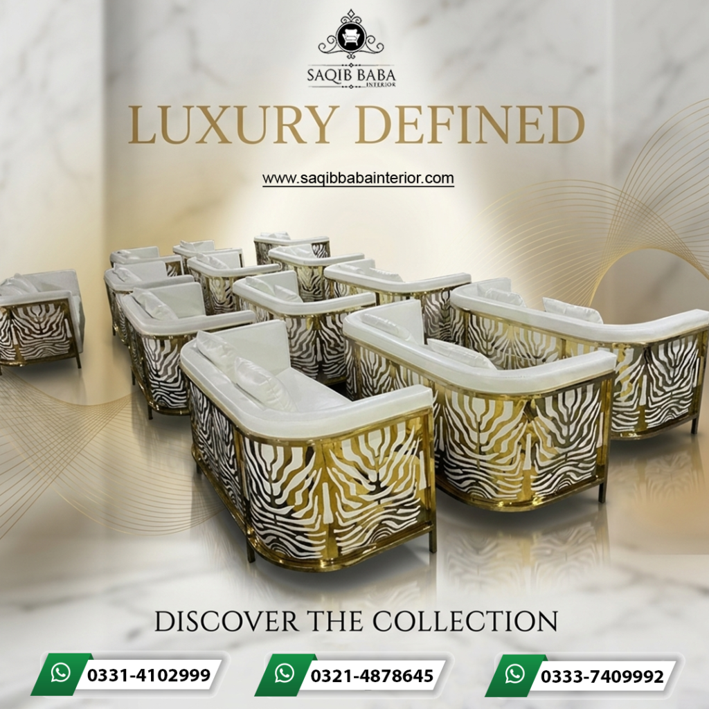 "Multiple luxury banquet sofas by Saqib Baba Interior featuring white leatherette seats and curved gold-toned metal frames with decorative laser-cut patterns."