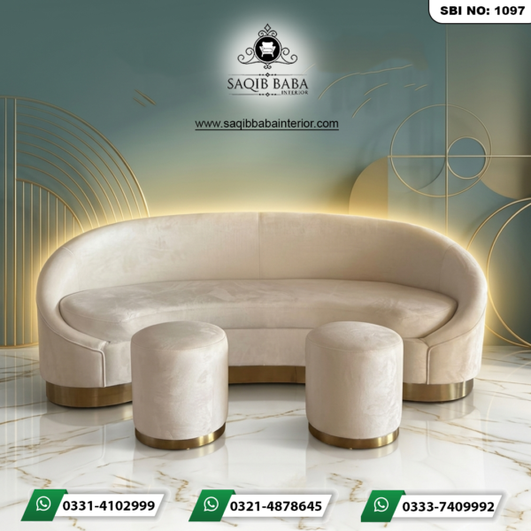 "A luxury crescent-shaped cream velvet sofa with two matching round ottomans, all featuring polished gold metallic bases, by Saqib Baba Interior."