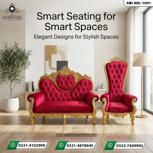 "A luxury furniture set by Saqib Baba Interior featuring a red velvet 2-seater sofa and a high-back throne chair with ornate golden carved frames in a modern bright room."