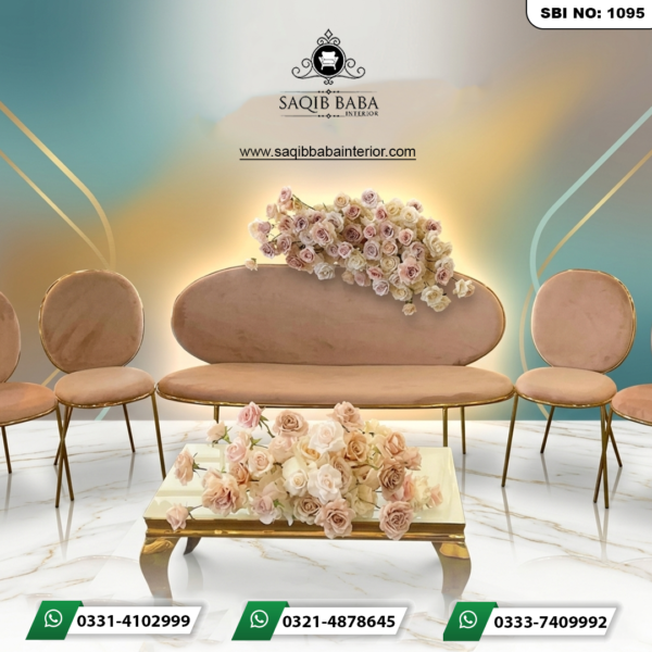 "A luxury furniture set by Saqib Baba Interior featuring a red velvet 2-seater sofa and a high-back throne chair with ornate golden carved frames in a modern bright room."
