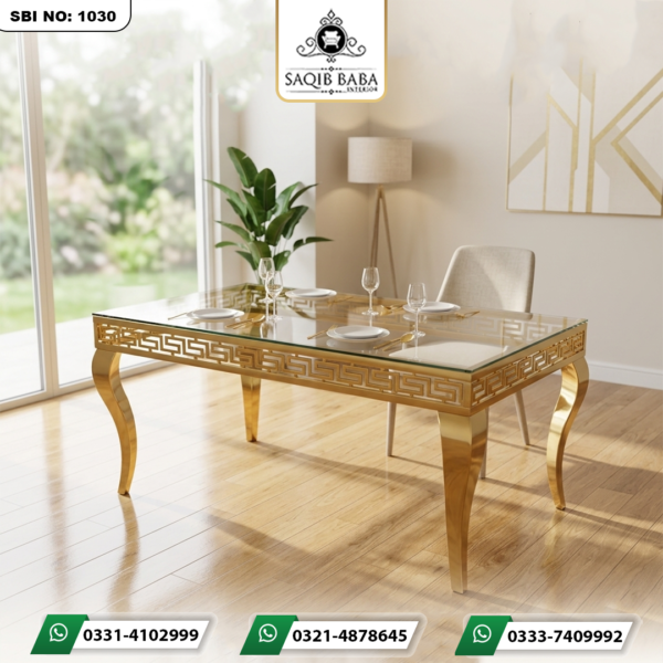 Golden color iron table with CNC design base for restaurant and banquet use