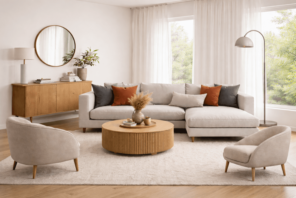 Modern custom furniture design with stylish sofa, table and interior decor