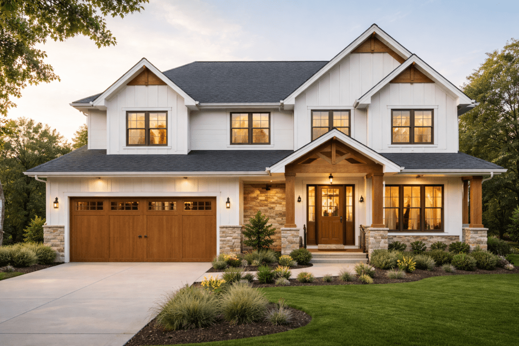 Modern house exterior design with stylish architecture, lighting and outdoor space