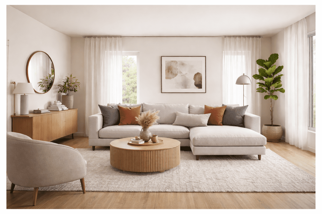 Modern living room interior design with stylish sofa, lighting, and decorative furniture