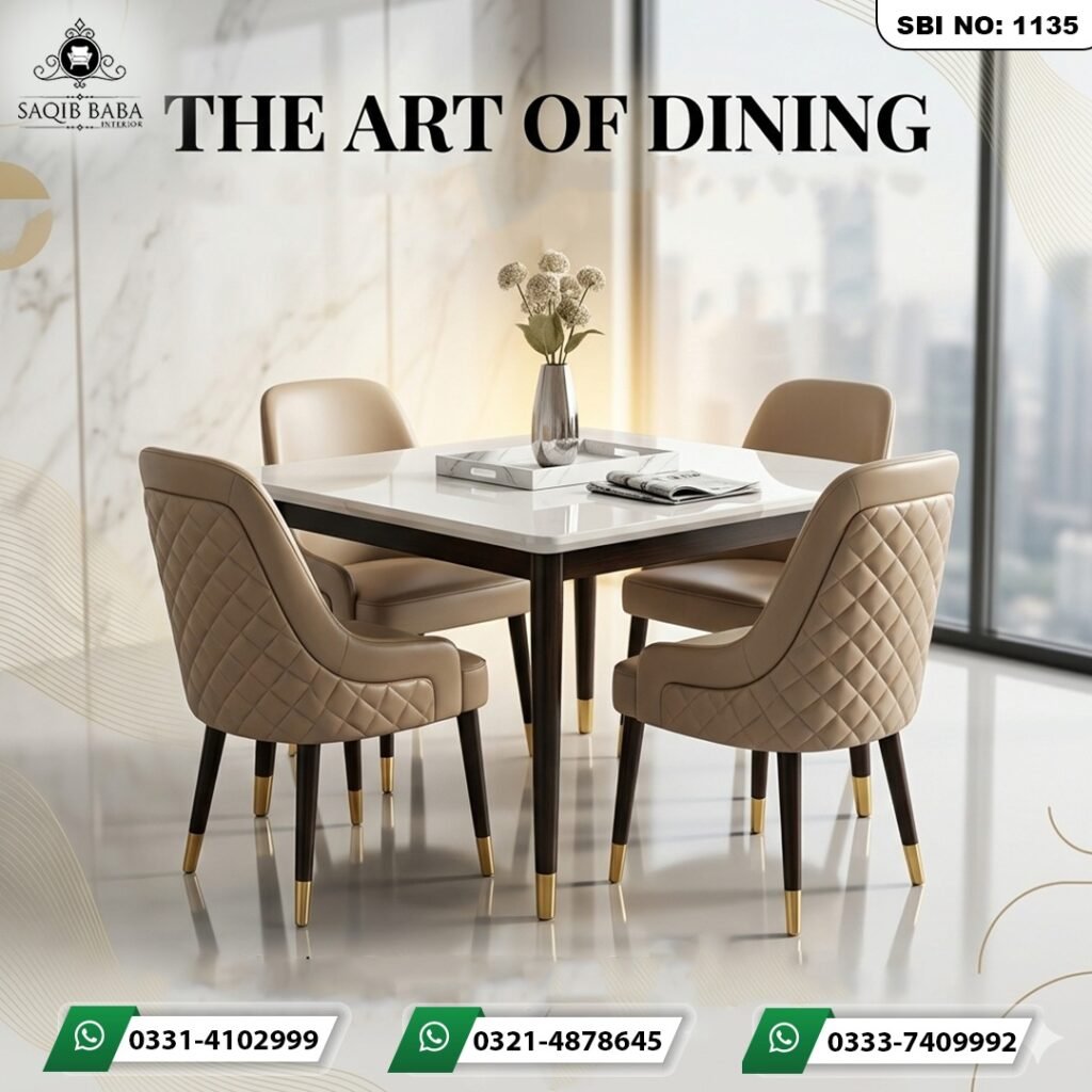 A square white marble dining table with dark wood legs and four beige tufted leather chairs with gold-tipped legs in a luxury penthouse setting.
