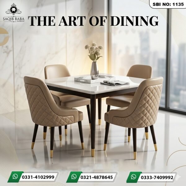 A square white marble dining table with dark wood legs and four beige tufted leather chairs with gold-tipped legs in a luxury penthouse setting.