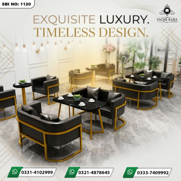Premium black leather sofas and armchairs with elegant gold metal frames and matching marble-top tables in a luxury cafe setting.