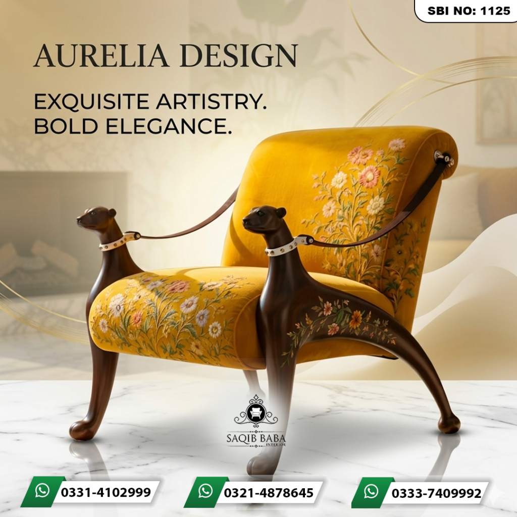 An ornate, mustard-yellow velvet accent chair featuring intricate floral embroidery and unique animal-head carved wooden armrests.