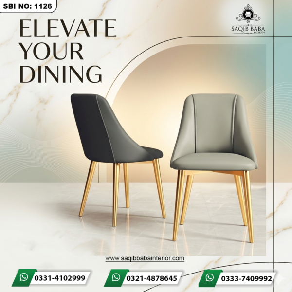 Pair of modern dining chairs in charcoal grey and soft stone grey with elegant gold-finished tapered legs.