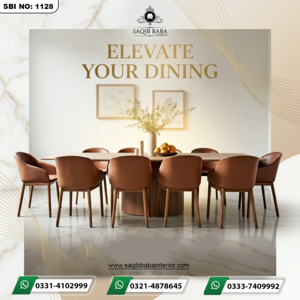 A large modern wooden dining table surrounded by eight terracotta-colored chairs with sleek wooden legs in a minimalist interior.