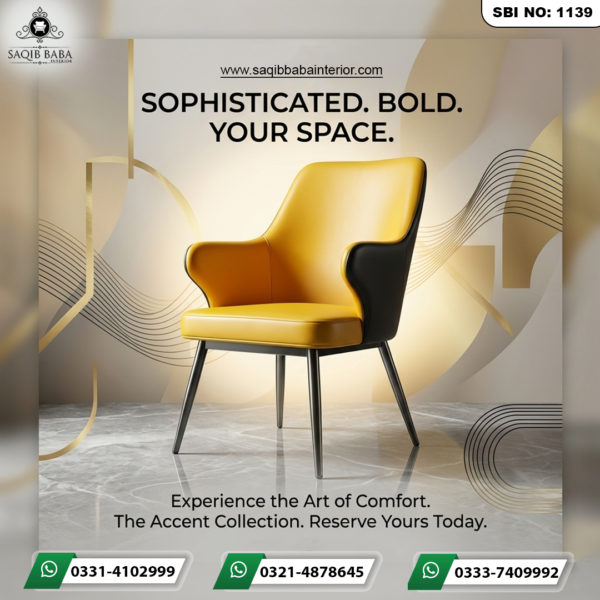 A contemporary designer accent chair featuring mustard yellow upholstery on the front and black on the back, with sleek tapered metal legs.