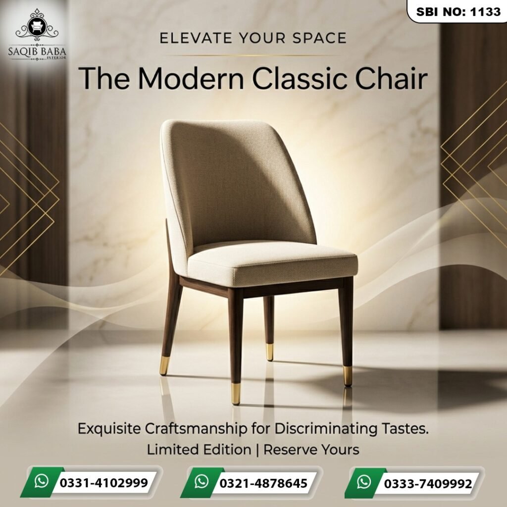 A sophisticated cream-colored fabric dining chair with a dark walnut wood frame and gold-tipped legs, set against a luxury marble background.