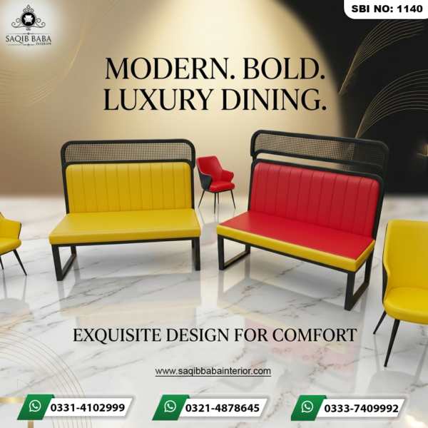 Contemporary dining booths in bright yellow and red with high black mesh headrests and sturdy industrial metal frames.