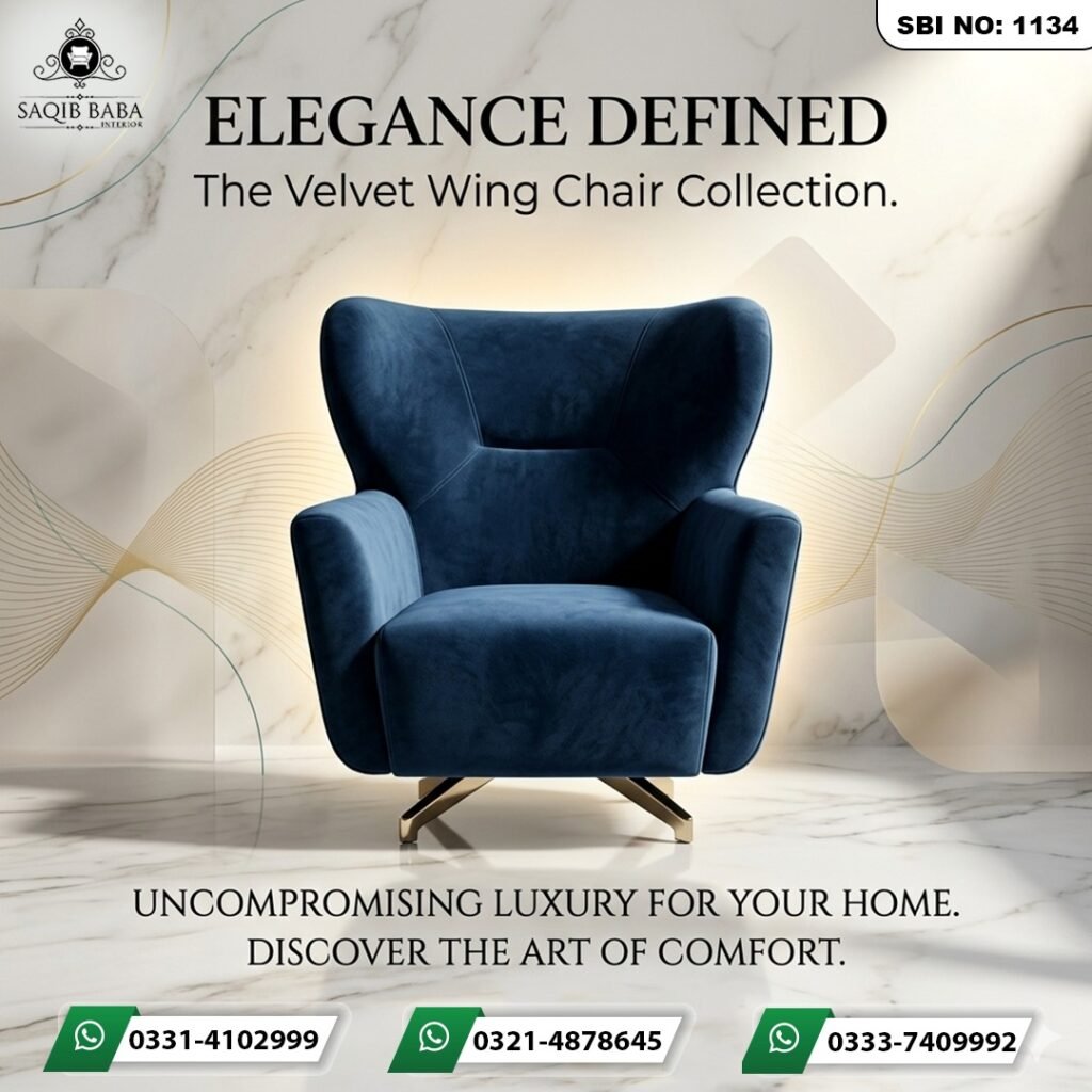 A premium navy blue velvet wingback chair with a deep-cushioned seat and a modern gold swivel cross-base, set in a luxury marble interior.