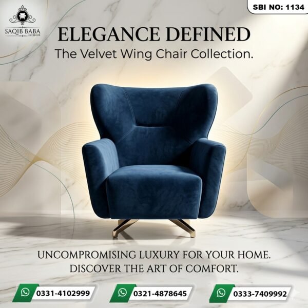 A premium navy blue velvet wingback chair with a deep-cushioned seat and a modern gold swivel cross-base, set in a luxury marble interior.