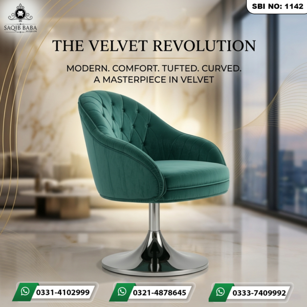 A premium teal velvet swivel chair featuring a tufted backrest and a polished chrome pedestal base in a high-end interior setting.