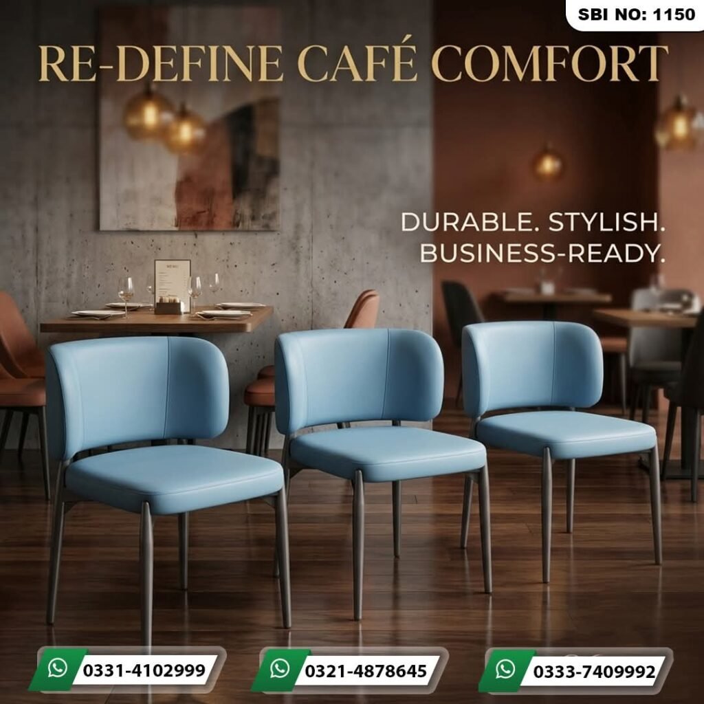 Three modern light blue upholstered café dining chairs with sleek grey metal legs, arranged in a beautifully lit contemporary restaurant/café setting.