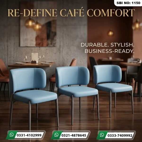 Three modern light blue upholstered café dining chairs with sleek grey metal legs, arranged in a beautifully lit contemporary restaurant/café setting.