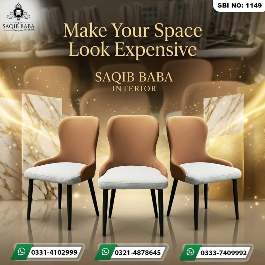 Three luxury dual-tone dining chairs with tan backrests, white textured seats, and black legs, presented on a glossy floor against a golden marble background by Saqib Baba Interior.
