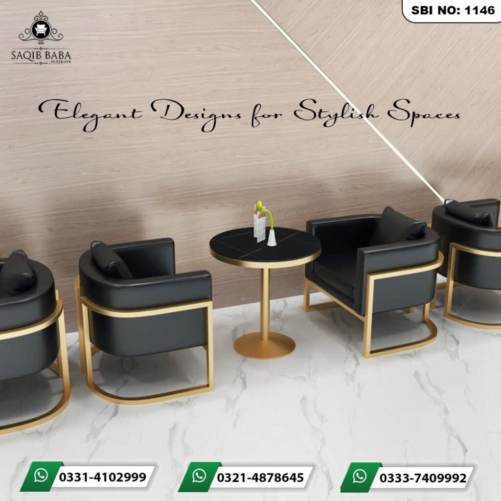Luxury cafe lounge table set with black leatherette armchair tub seats and gold metal frame with black marble center table by Saqib Baba Interior.
