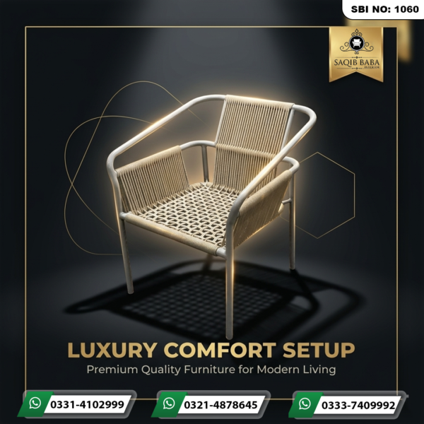 Cafe chair with iron frame and plastic dori weaving on seat and back.