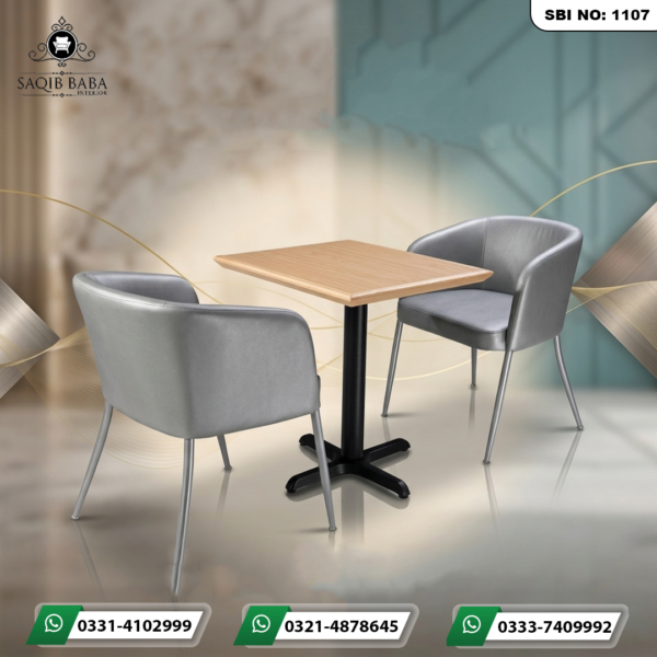 Cafe furniture set with wooden frame fully leather-covered chair and iron base table with MDF laminated top.