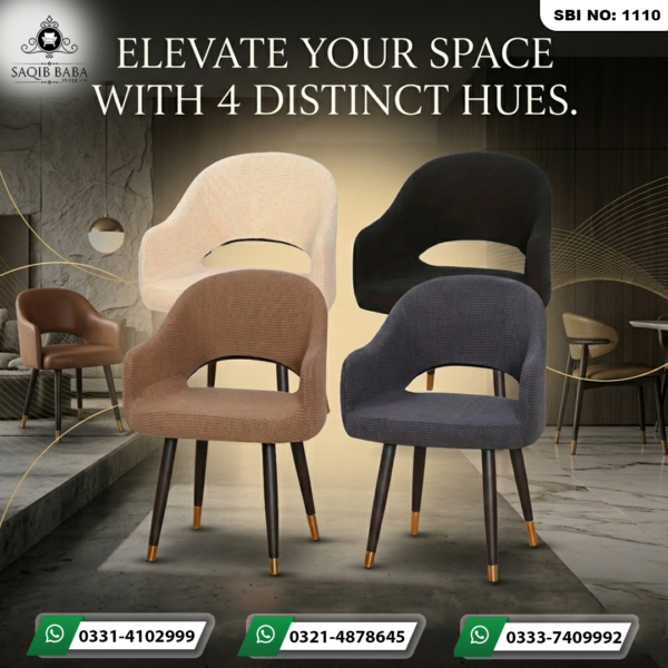 "A promotional image titled sbi chair 22.jpg showing four modern chairs fitted with textured stretchable covers in cream, black, brown, and grey colors by Saqib Baba Interior."