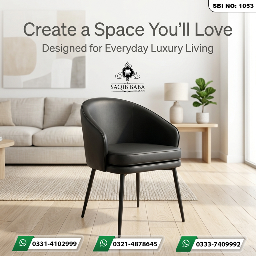 Cafe chair with dark grey iron legs, foam-filled seat and back covered in leather upholstery.
