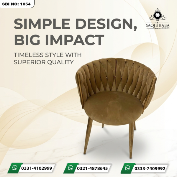 Cafe chair with wooden legs, yellow velvet upholstery, foam-filled seat and back, and stitched velvet back design.