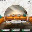 A vibrant orange leather three-seater sofa and matching armchairs with gold metal legs, paired with a marble-top nesting coffee table in a luxury living room.