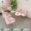 Premium cafe furniture Pakistan featuring pink velvet chairs with golden metal frames and round white tables by Saqib Baba Interiors.