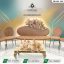 "A luxury furniture set by Saqib Baba Interior featuring a red velvet 2-seater sofa and a high-back throne chair with ornate golden carved frames in a modern bright room."