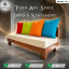 A minimalist wooden daybed sofa with a light beige mattress and four large, vibrant cushions in red, lime green, orange, and turquoise blue.